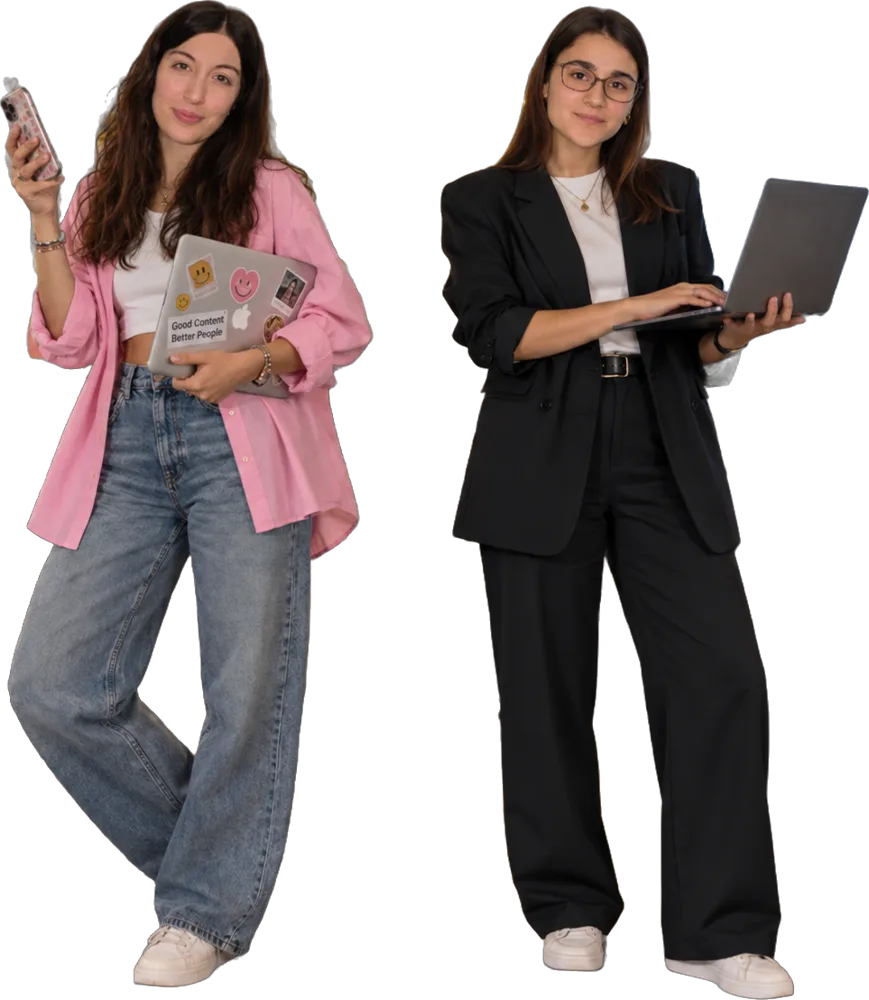 Margherita, a sinistra con camicia rosa, e Sabrina, a destra con giacca nera e laptop